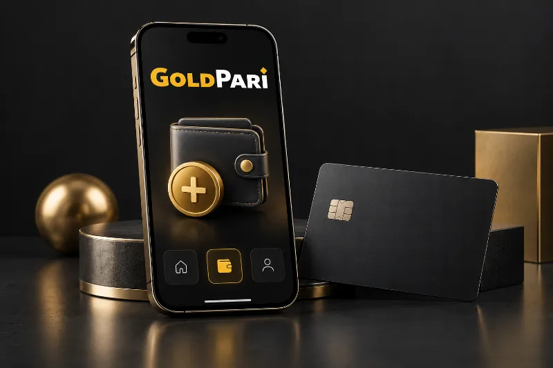 Wallet and payment card beside a Gold Pari screen